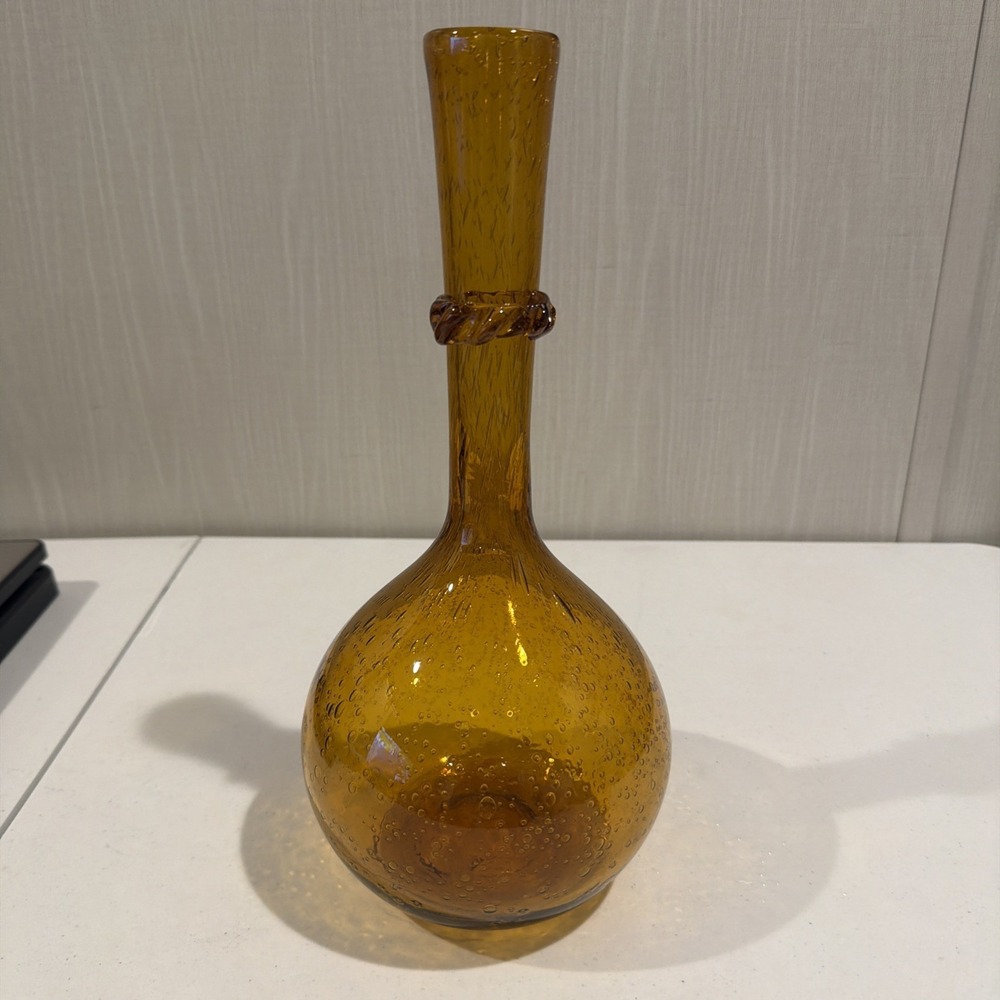 MCM La Verrerie De Biot France Hand Blown Amber Bubble Glass 12" Decanter Vase